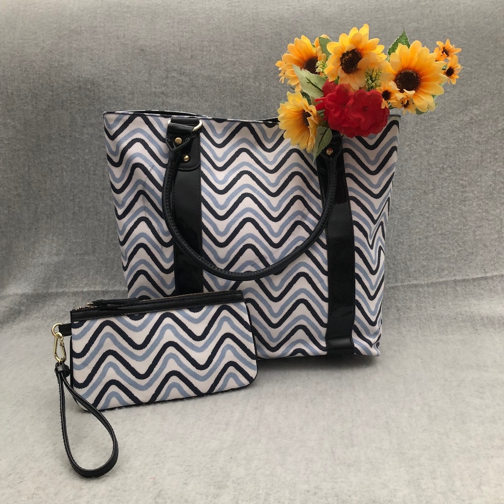 NWOT -  Blue & Black Wave Pattern Tote Bag & Mini Bag